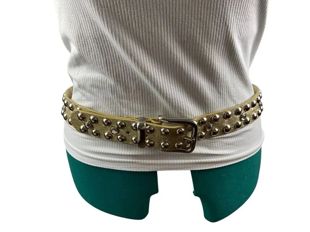 Gold leather belt with silver studs- size L